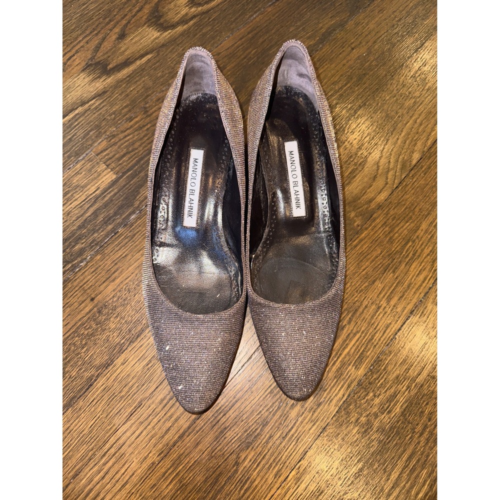Manolo Blahnik Metallic Silver Gold Textured Block Heel Pumps Pointed Toe 37.5